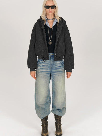 AFTADAWN Wool Blend Herringbone Hooded Coat With Horn Buttons