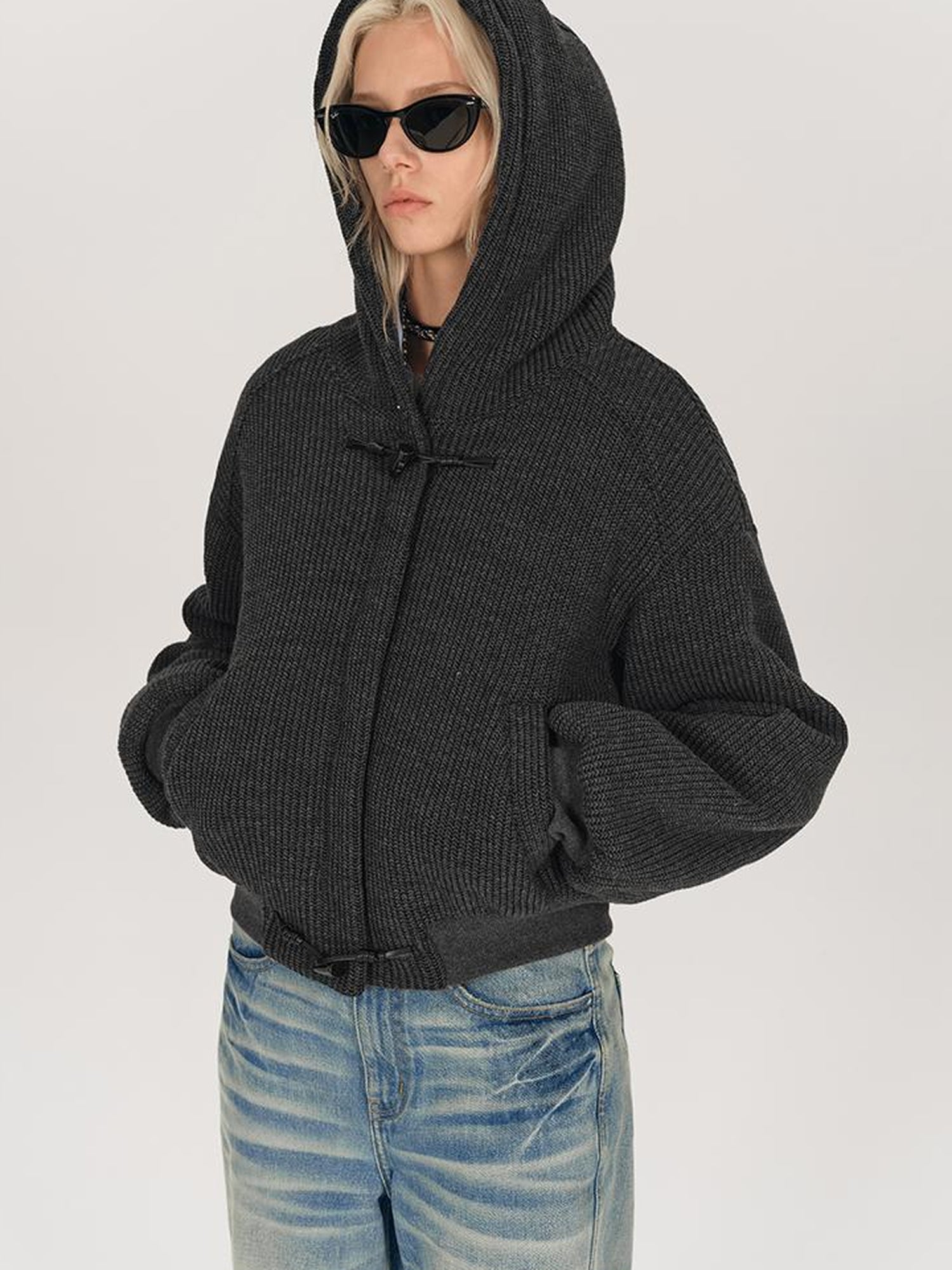 AFTADAWN Wool Blend Herringbone Hooded Coat With Horn Buttons