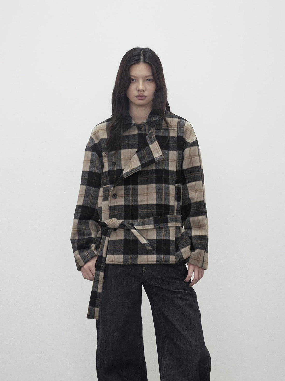 AFTADAWN Wool Blend Plaid Asymmetric Trench Coat With Belt