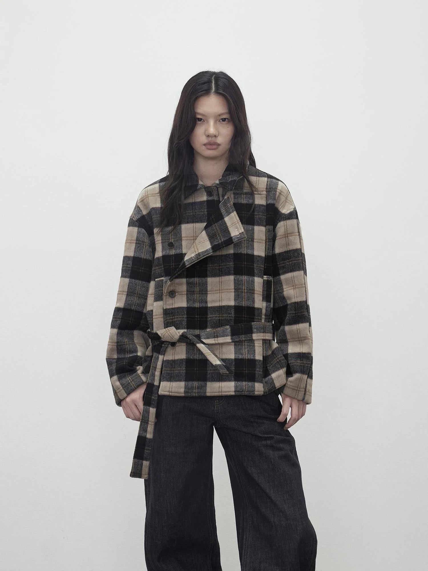 Wool Blend Plaid Asymmetric Trench Coat With Belt