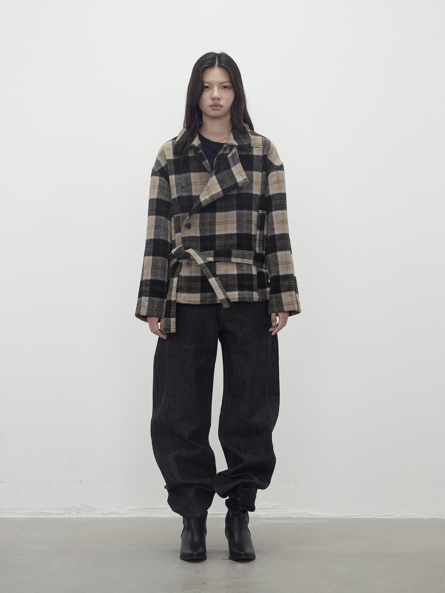 AFTADAWN Wool Blend Plaid Asymmetric Trench Coat With Belt