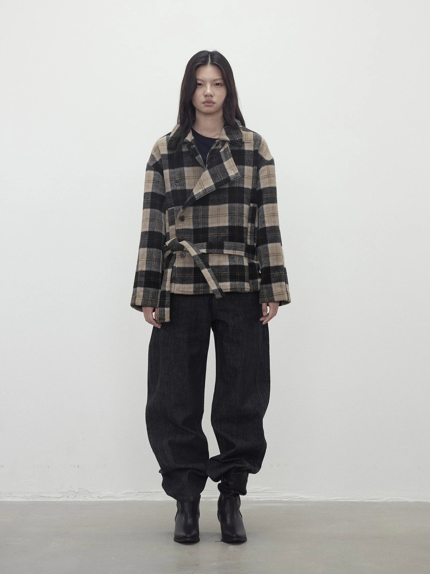 Wool Blend Plaid Asymmetric Trench Coat With Belt