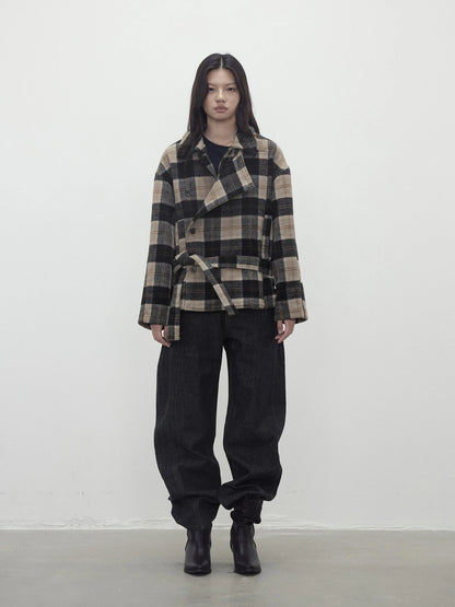 Wool Blend Plaid Asymmetric Trench Coat With Belt