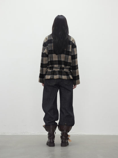AFTADAWN Wool Blend Plaid Asymmetric Trench Coat With Belt