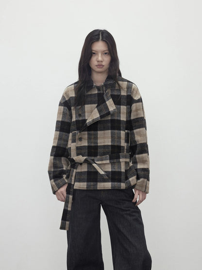 Wool Blend Plaid Asymmetric Trench Coat With Belt