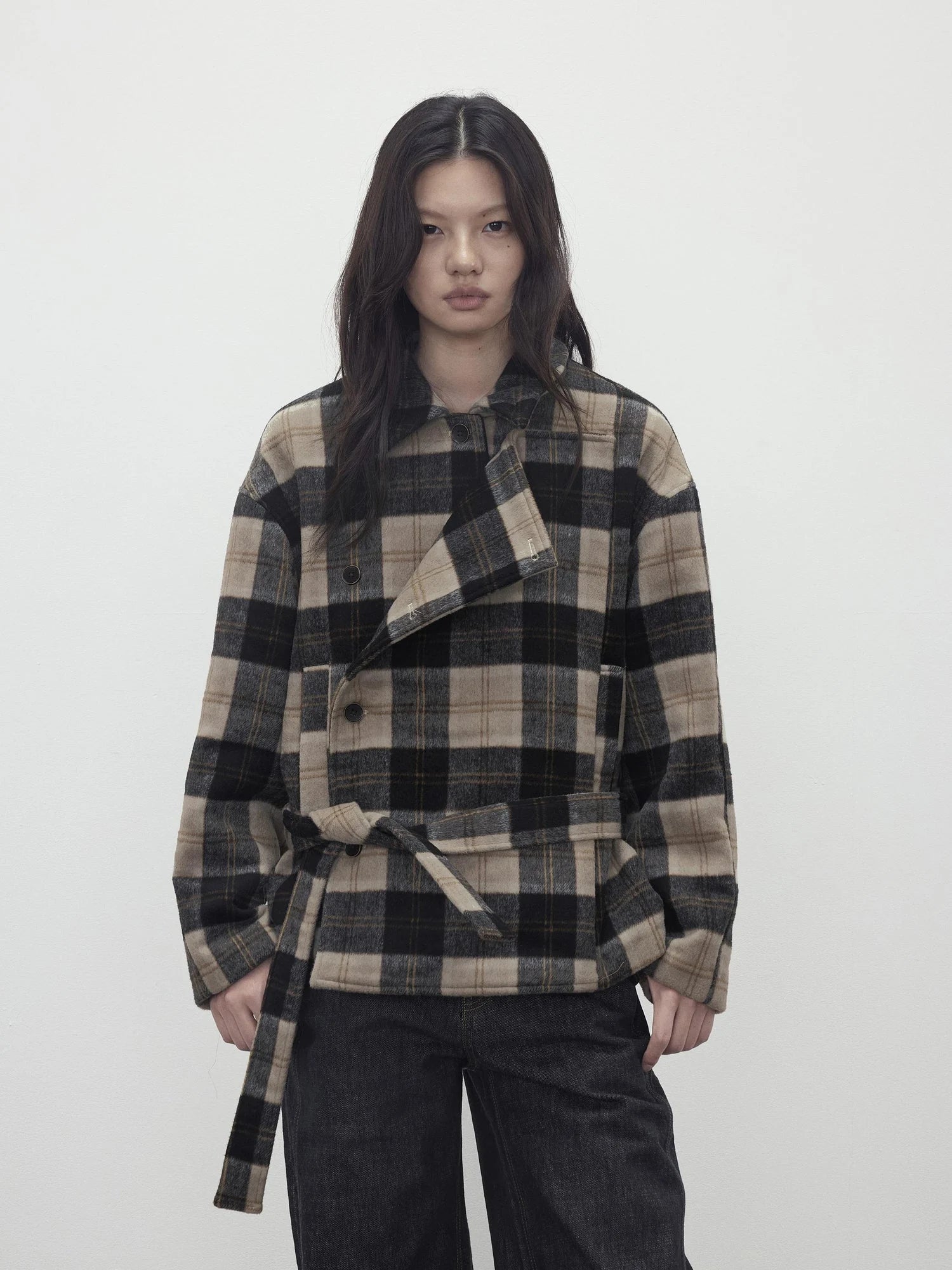 Wool Blend Plaid Asymmetric Trench Coat With Belt