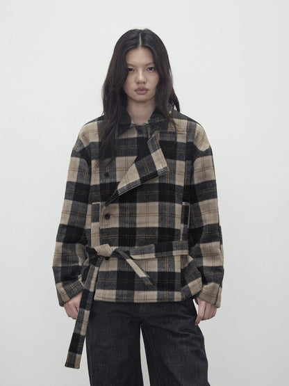Wool Blend Plaid Asymmetric Trench Coat With Belt