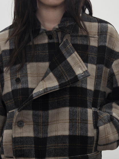 AFTADAWN Wool Blend Plaid Asymmetric Trench Coat With Belt