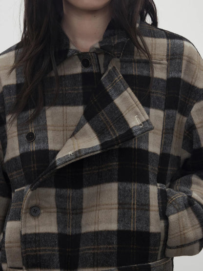Wool Blend Plaid Asymmetric Trench Coat With Belt