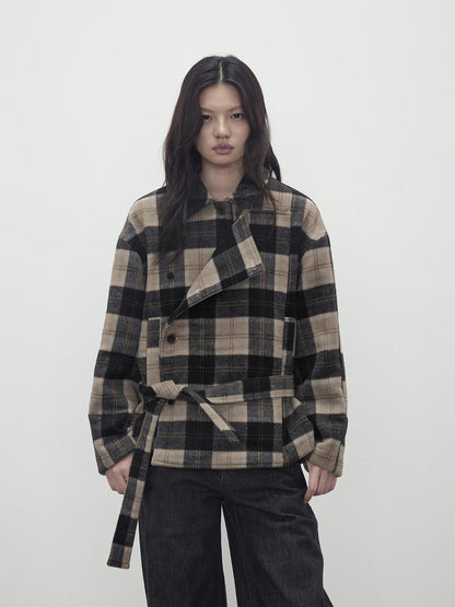 AFTADAWN Wool Blend Plaid Asymmetric Trench Coat With Belt