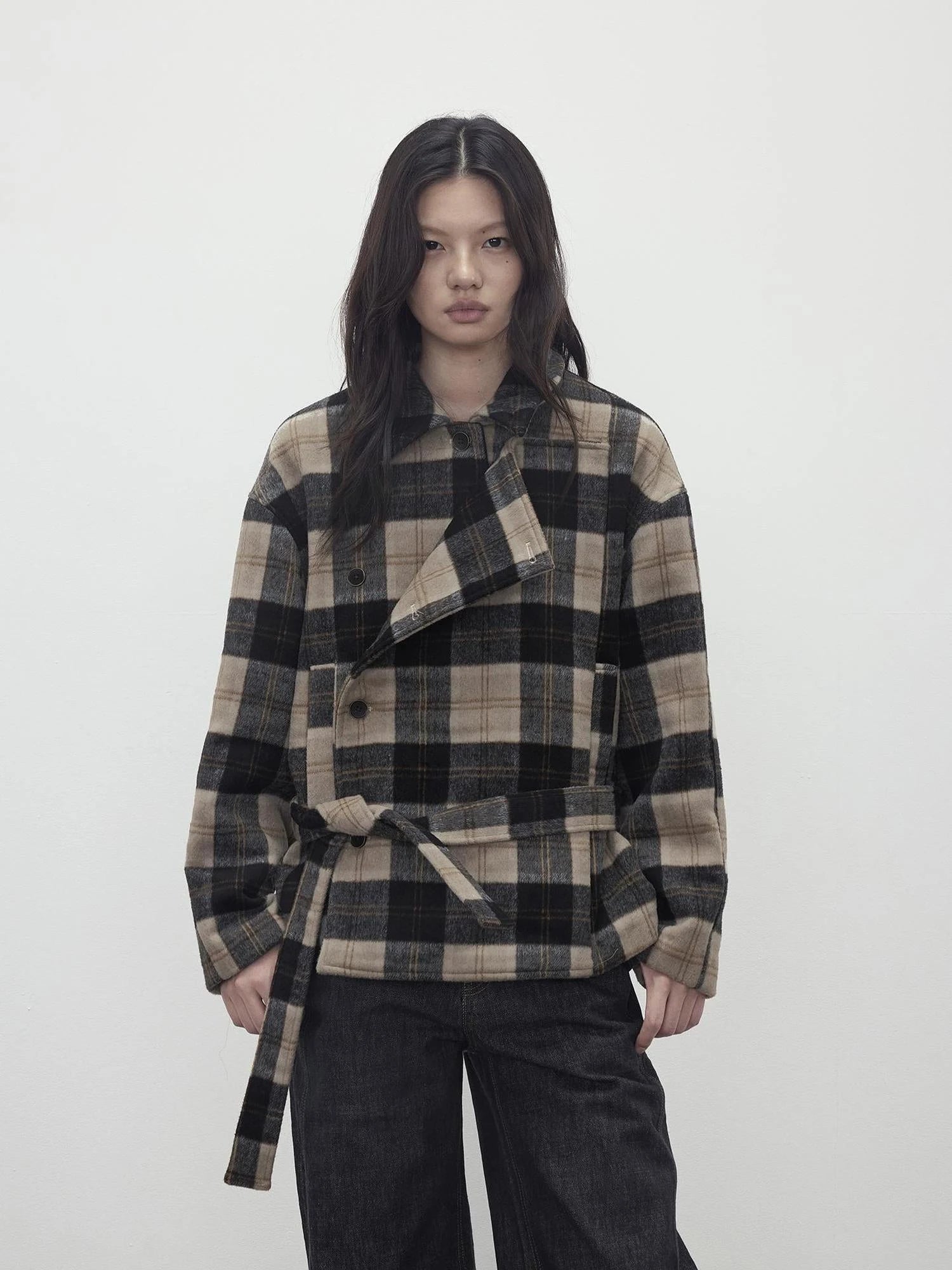 Wool Blend Plaid Asymmetric Trench Coat With Belt