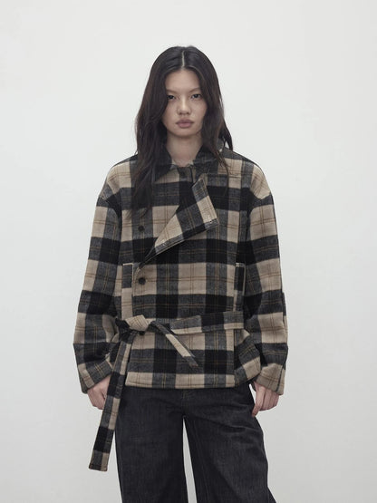 Wool Blend Plaid Asymmetric Trench Coat With Belt