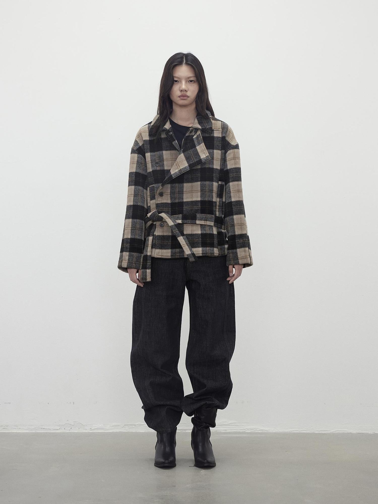 AFTADAWN Wool Blend Plaid Asymmetric Trench Coat With Belt