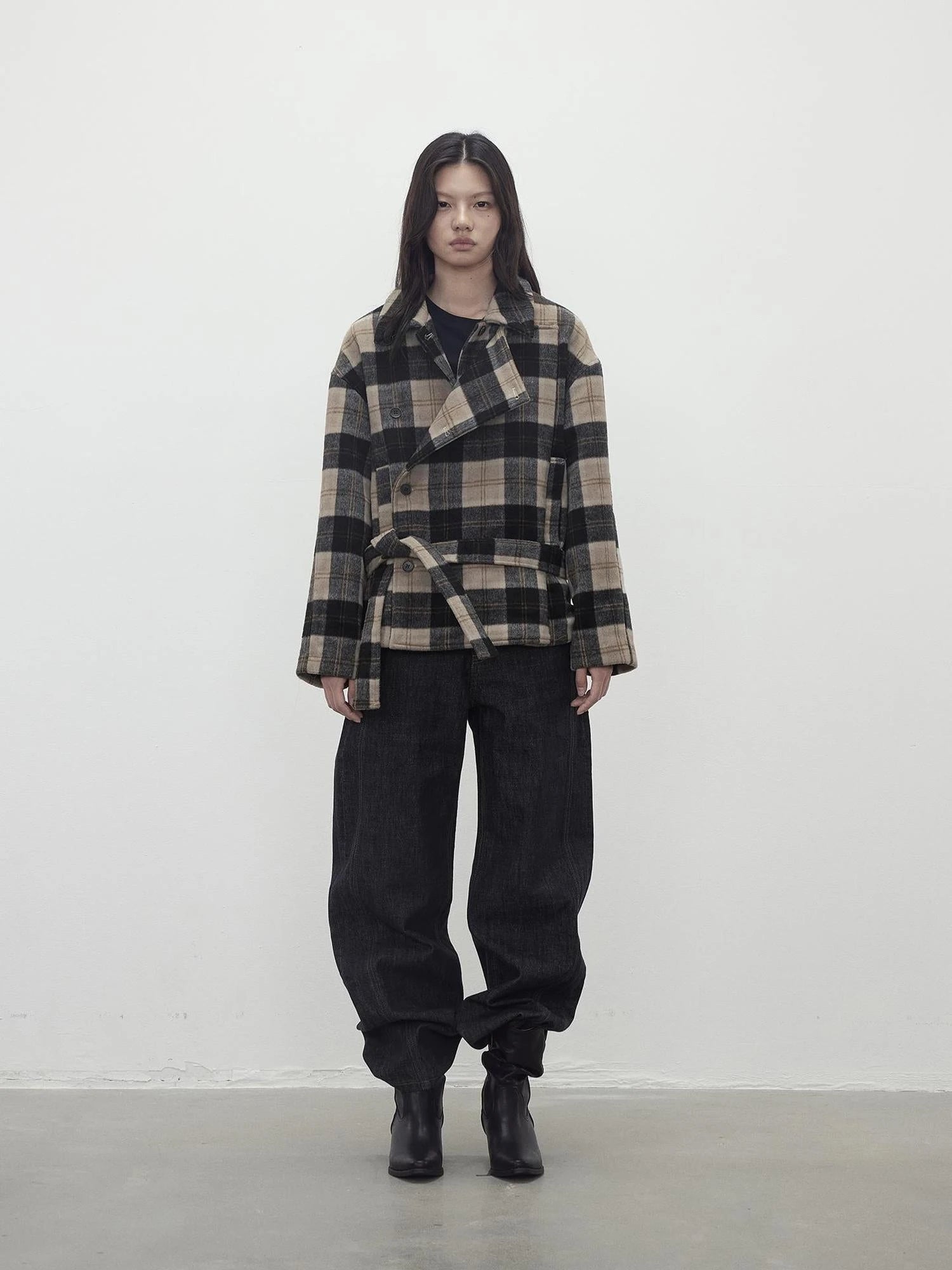 Wool Blend Plaid Asymmetric Trench Coat With Belt