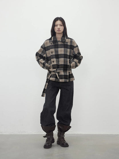 Wool Blend Plaid Asymmetric Trench Coat With Belt