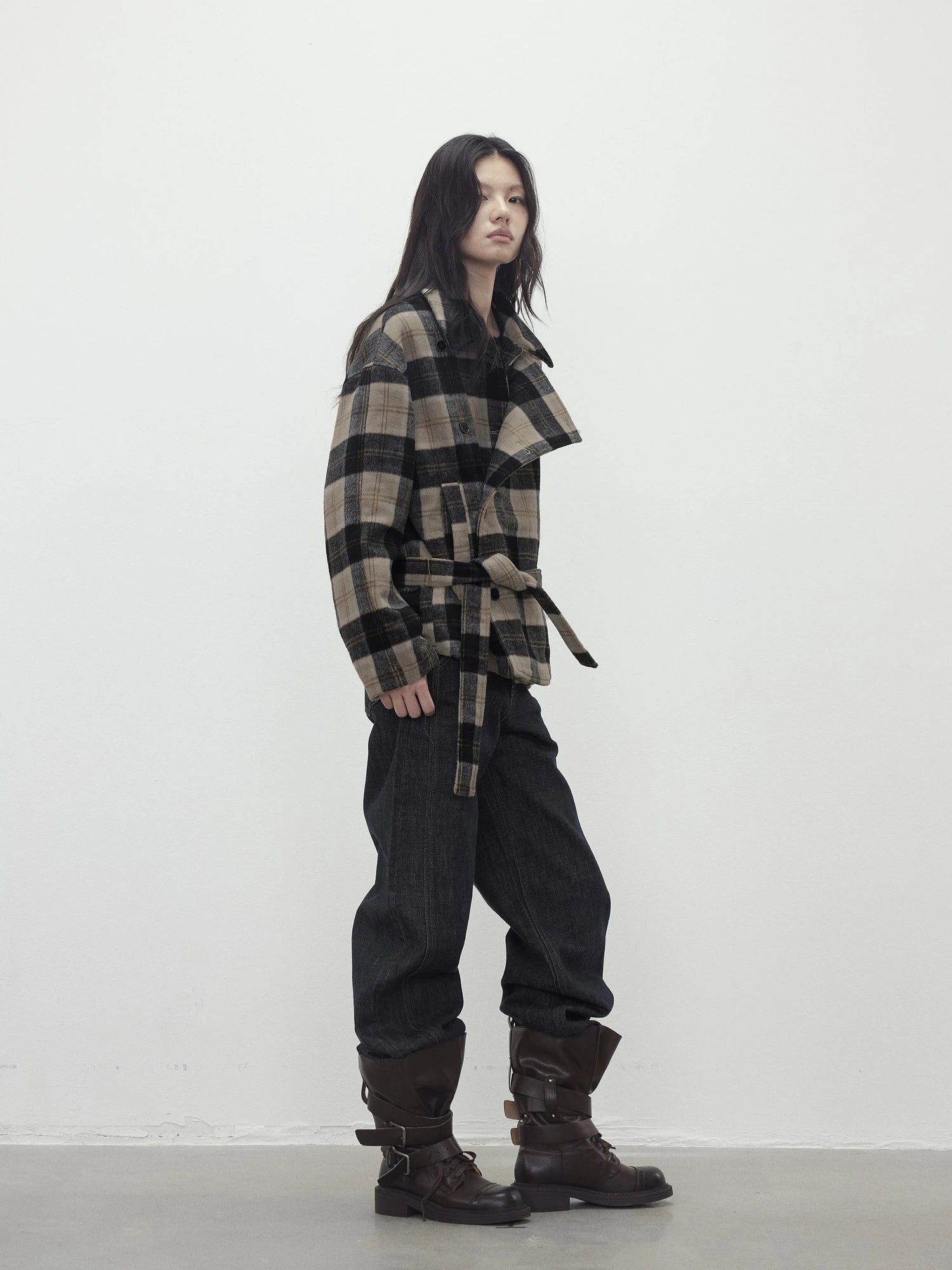Wool Blend Plaid Asymmetric Trench Coat With Belt