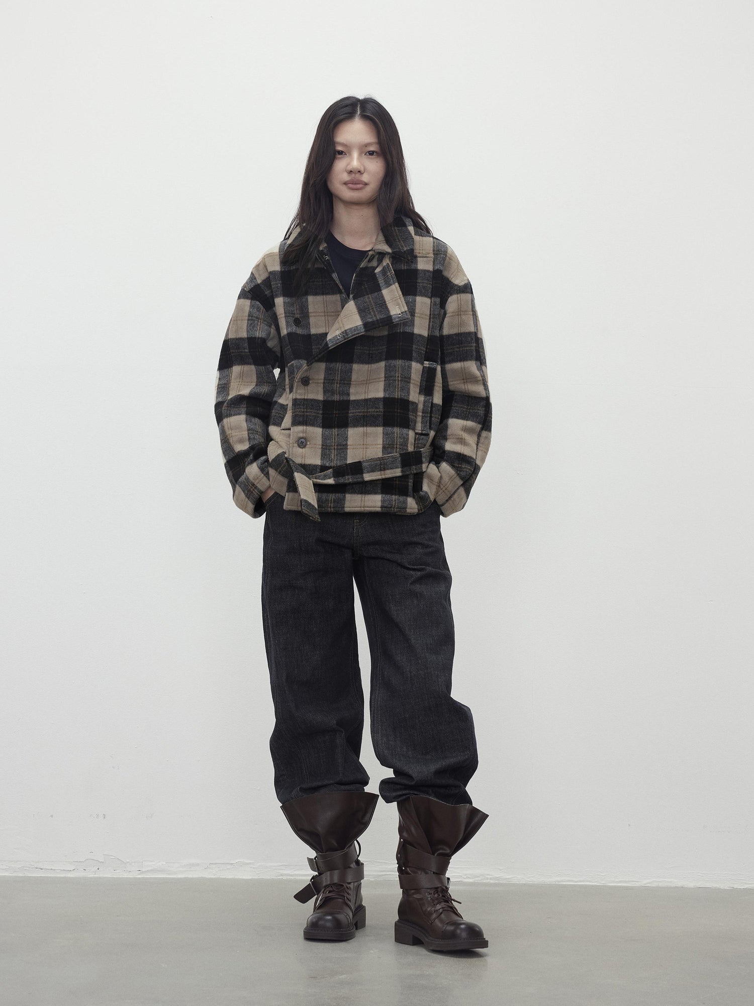 AFTADAWN Wool Blend Plaid Asymmetric Trench Coat With Belt