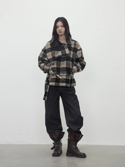 Wool Blend Plaid Asymmetric Trench Coat With Belt