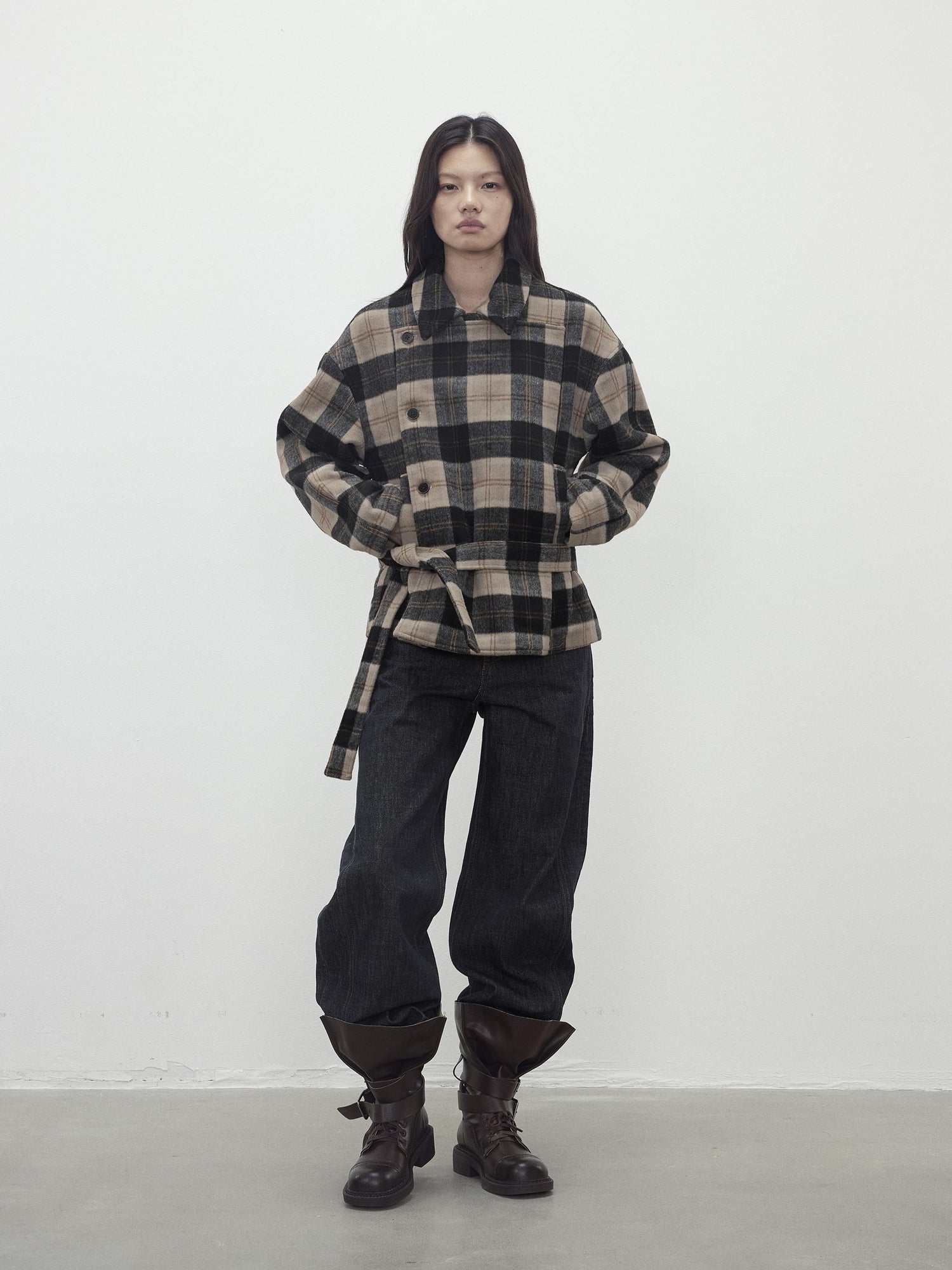 AFTADAWN Wool Blend Plaid Asymmetric Trench Coat With Belt
