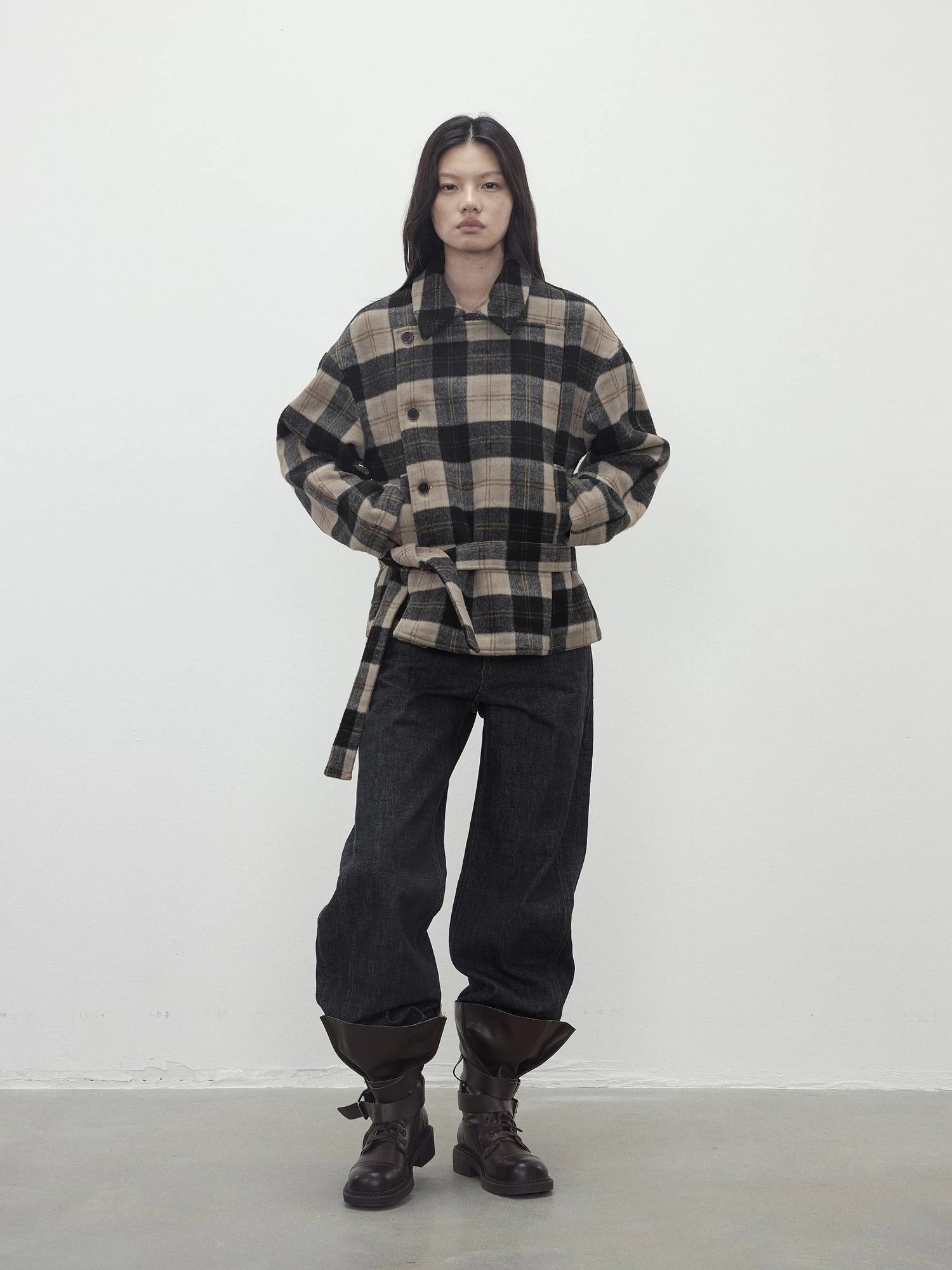 Wool Blend Plaid Asymmetric Trench Coat With Belt