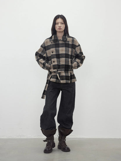 Wool Blend Plaid Asymmetric Trench Coat With Belt
