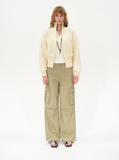 Wool Rib Knit Zip Front Cropped Cardigan