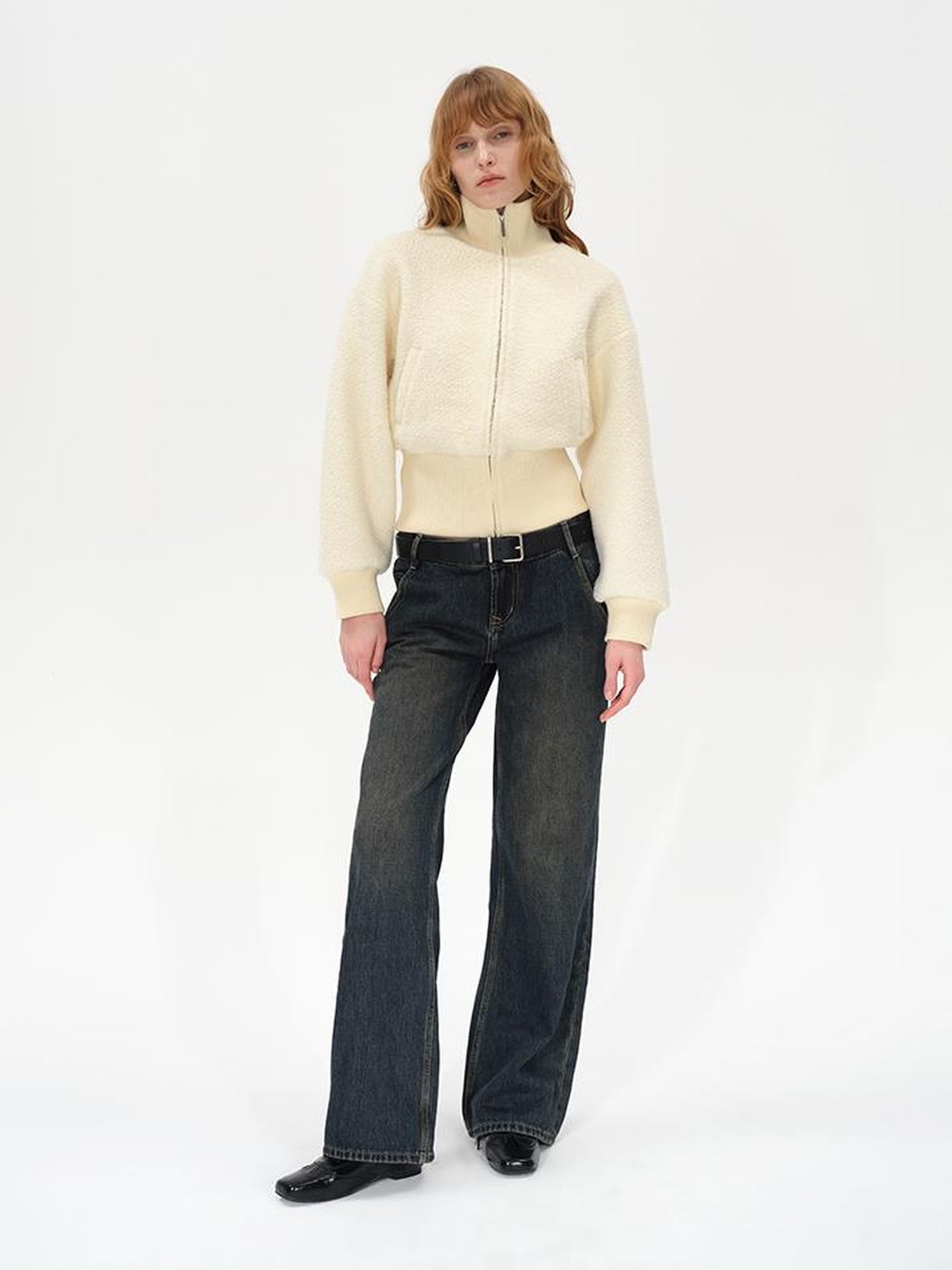 Wool Rib Knit Zip Front Cropped Cardigan