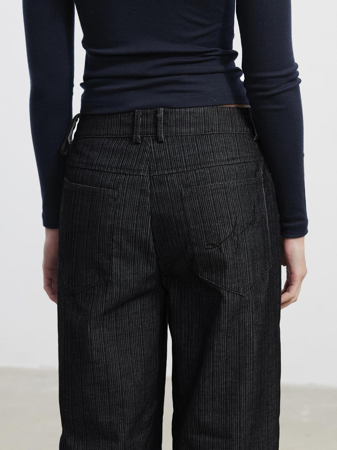 AFTADAWN Wrinkle Resistant Striped Wide Leg Pockets Women Black Polyester Blend Pants