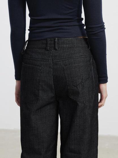 AFTADAWN Wrinkle Resistant Striped Wide Leg Pockets Women Black Polyester Blend Pants