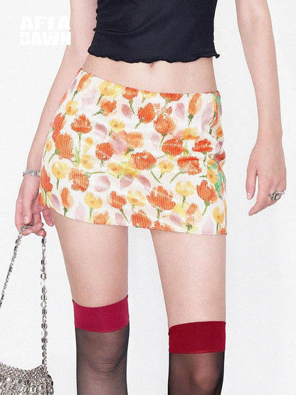 AFTADAWN Yellow Sequin Floral Print Low Waist A Line Women&