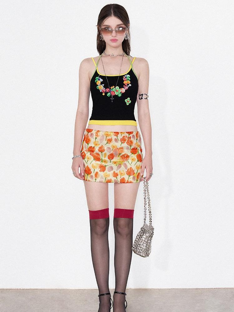 AFTADAWN Yellow Sequin Floral Print Low Waist A Line Women&