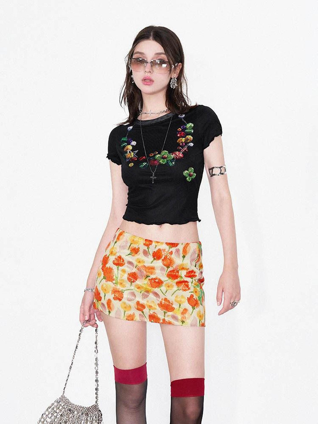 AFTADAWN Yellow Sequin Floral Print Low Waist A Line Women&