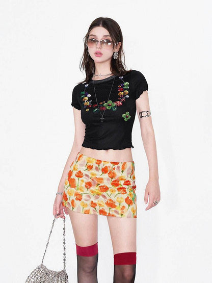 AFTADAWN Yellow Sequin Floral Print Low Waist A Line Women&