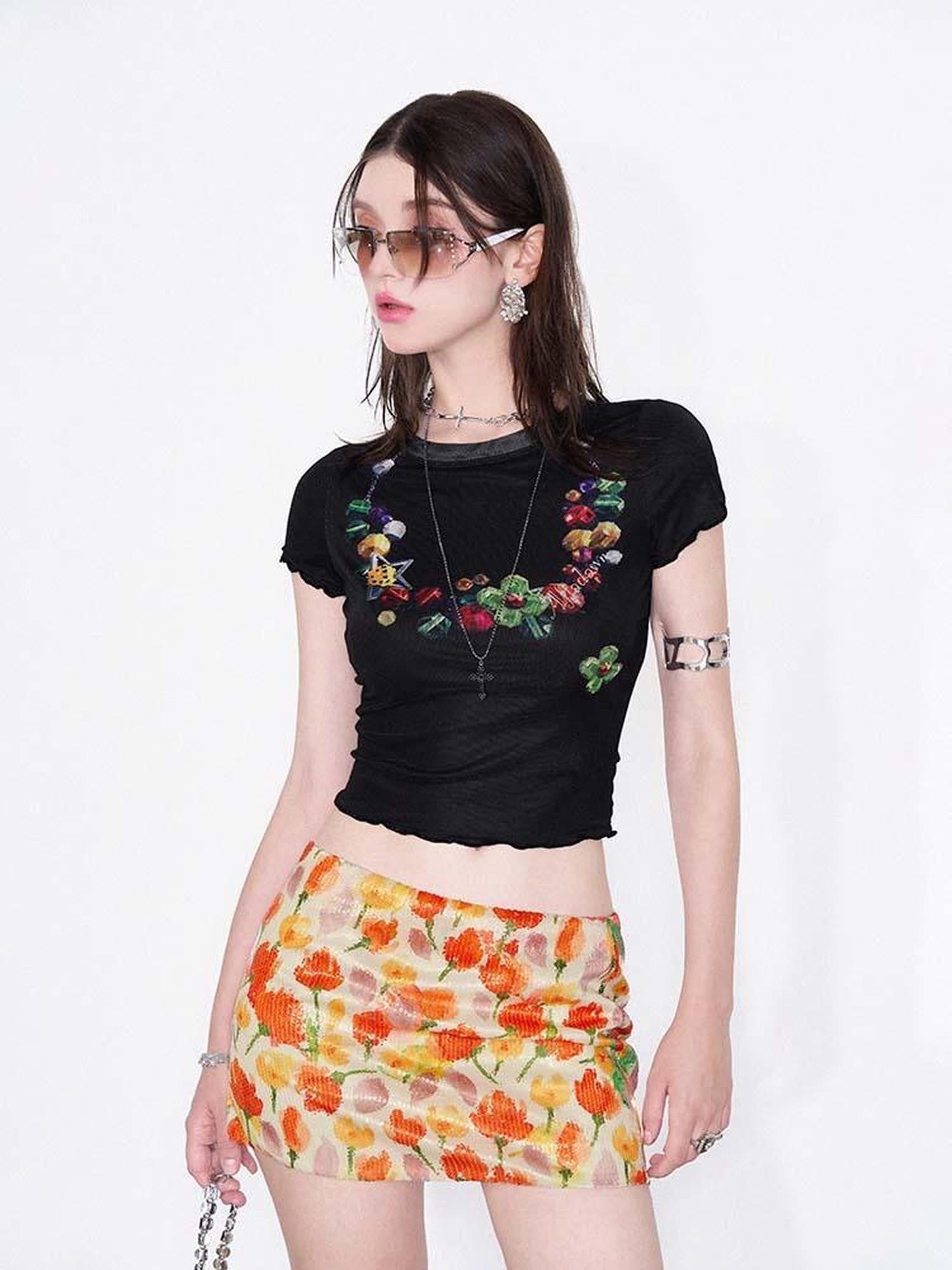 AFTADAWN Yellow Sequin Floral Print Low Waist A Line Women&