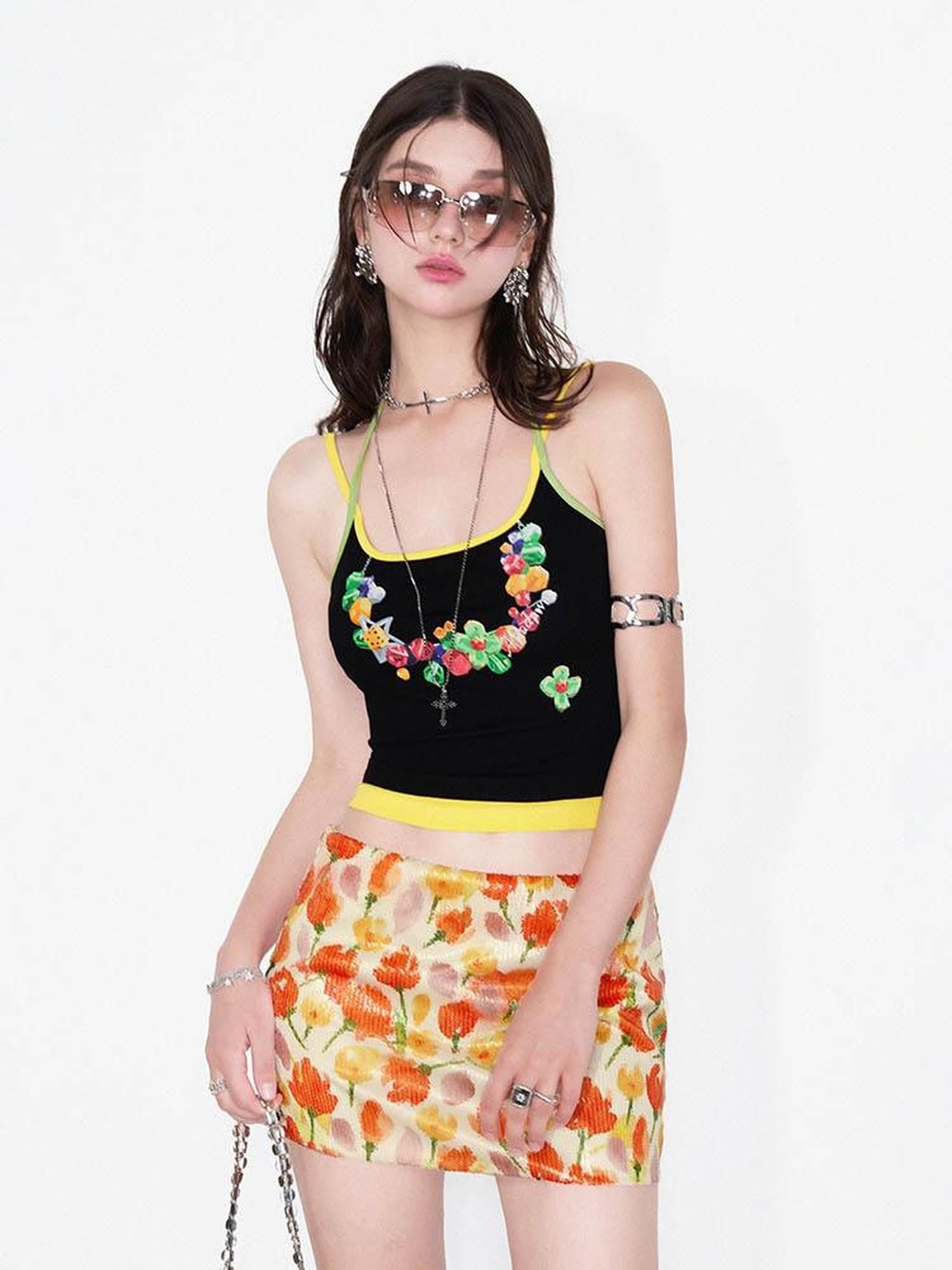 AFTADAWN Yellow Sequin Floral Print Low Waist A Line Women&