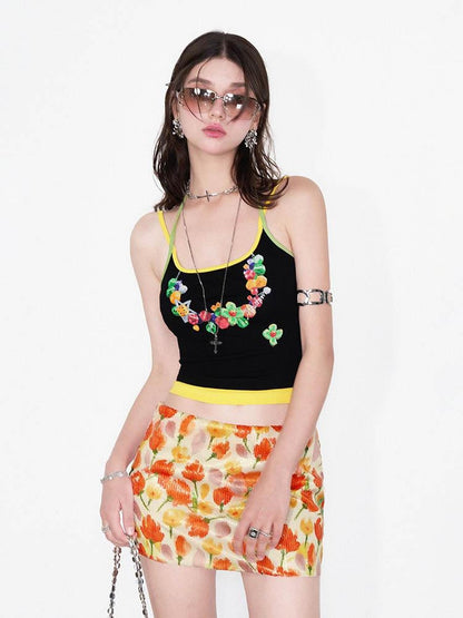 AFTADAWN Yellow Sequin Floral Print Low Waist A Line Women&
