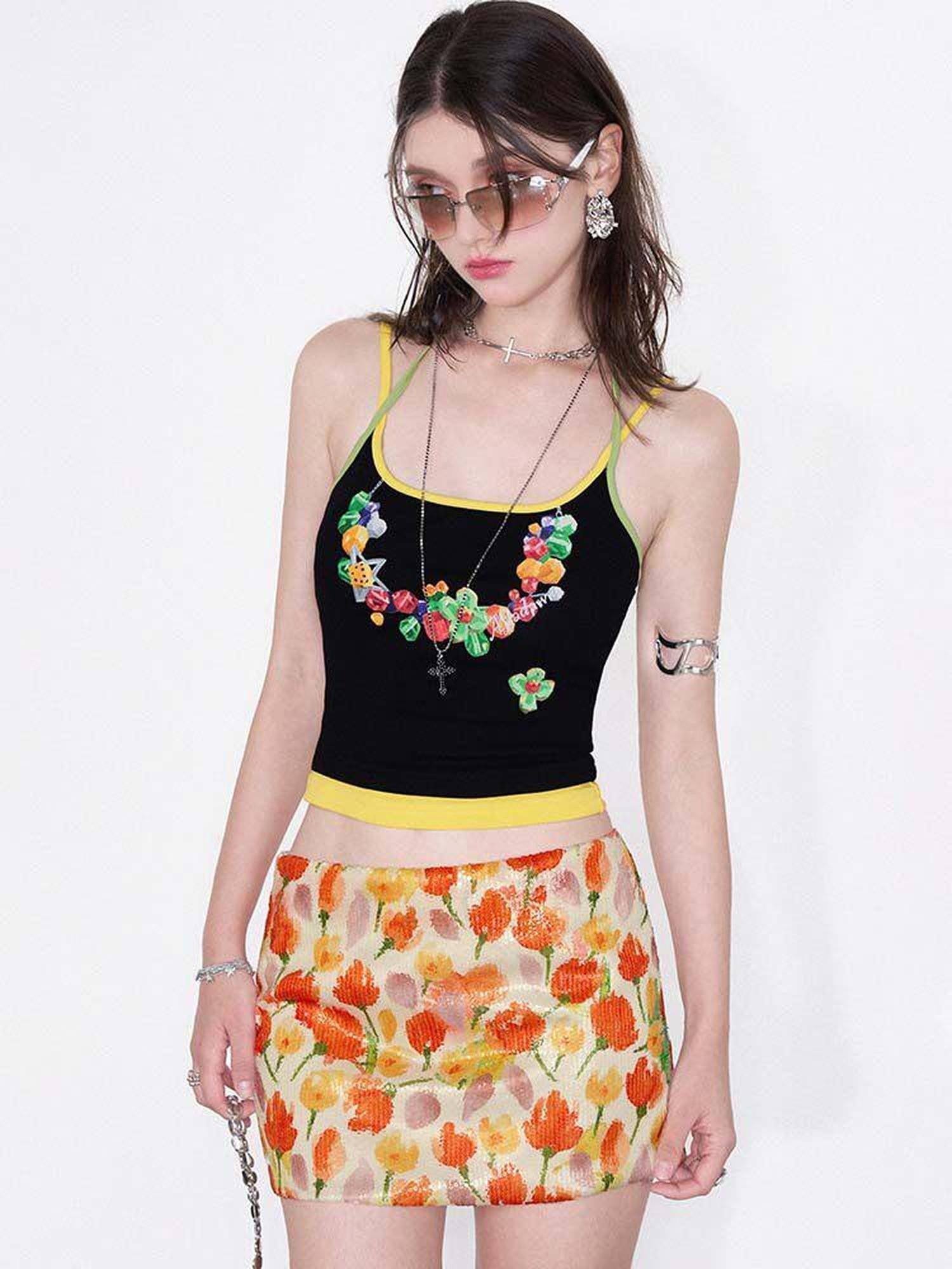 AFTADAWN Yellow Sequin Floral Print Low Waist A Line Women&