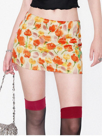 AFTADAWN Yellow Sequin Floral Print Low Waist A Line Women&