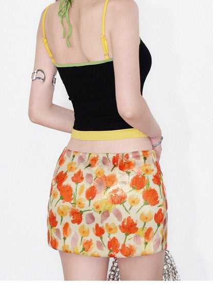 AFTADAWN Yellow Sequin Floral Print Low Waist A Line Women&