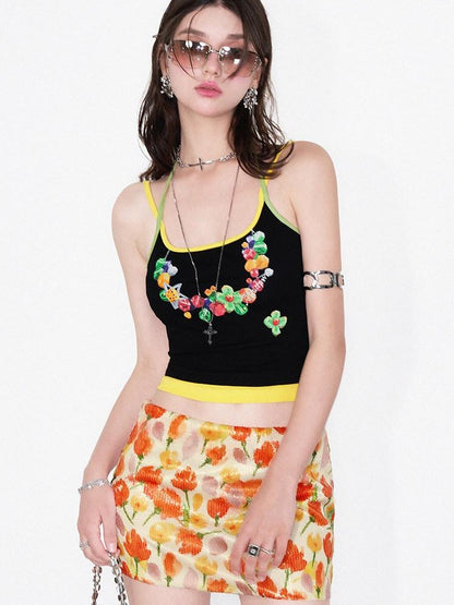 AFTADAWN Yellow Sequin Floral Print Low Waist A Line Women&