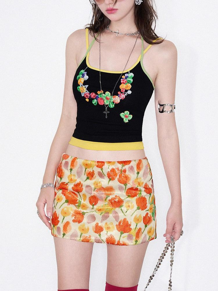 AFTADAWN Yellow Sequin Floral Print Low Waist A Line Women&