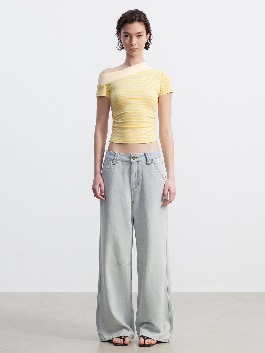 AFTADAWN Yellow Striped Ribbed Asymmetric Patchwork Women&
