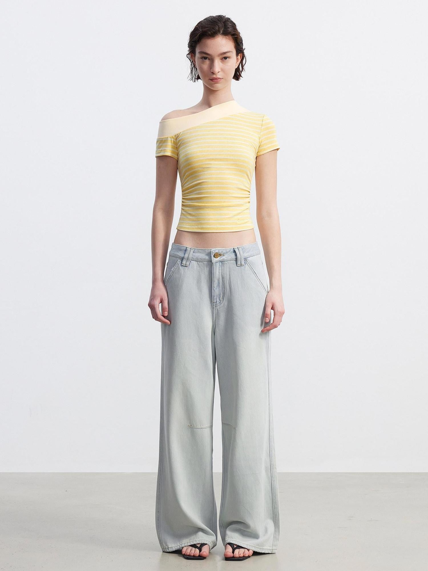 AFTADAWN Yellow Striped Ribbed Asymmetric Patchwork Women&