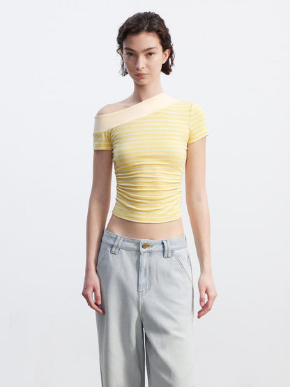 AFTADAWN Yellow Striped Ribbed Asymmetric Patchwork Women&