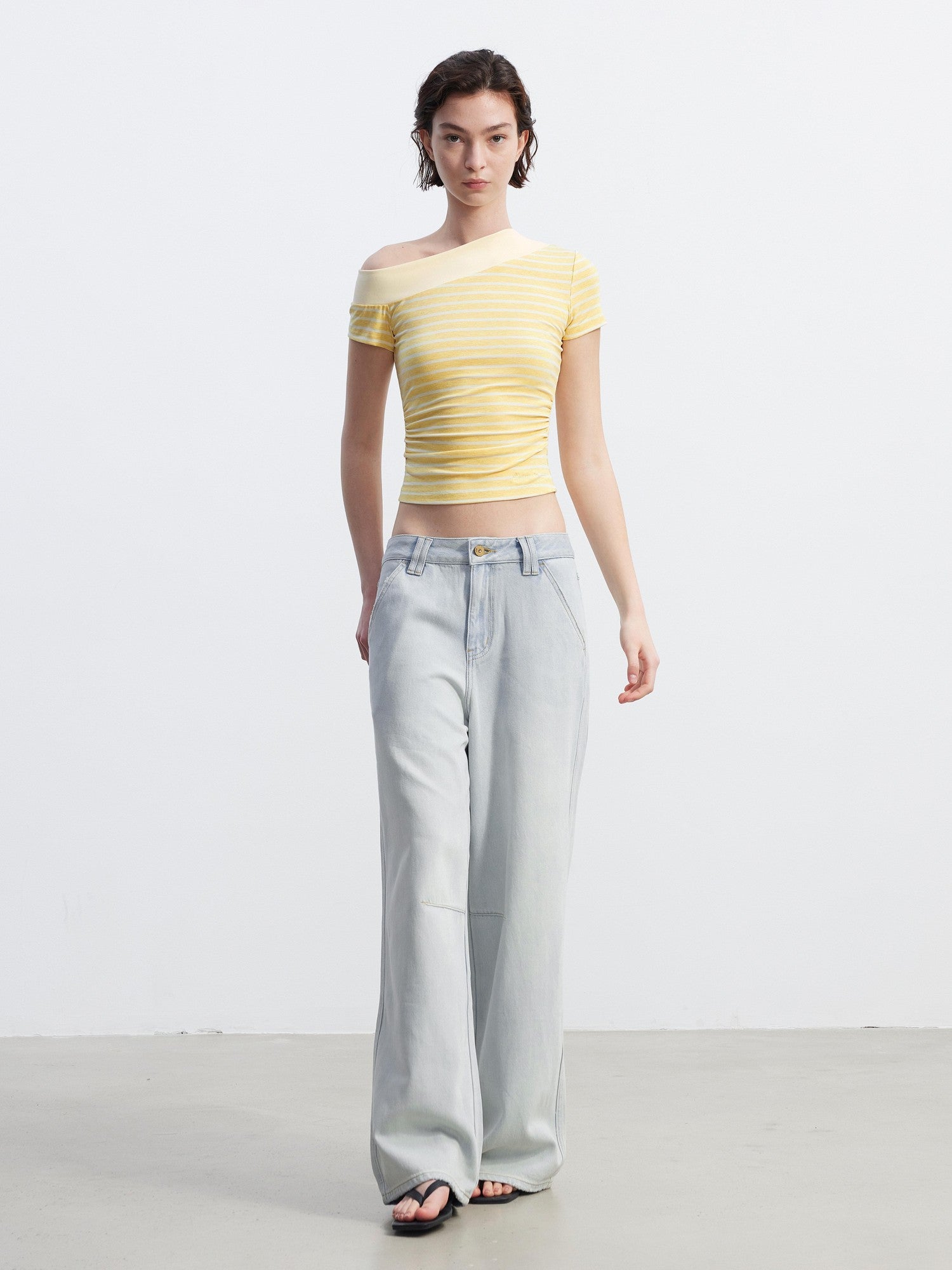 AFTADAWN Yellow Striped Ribbed Asymmetric Patchwork Women&