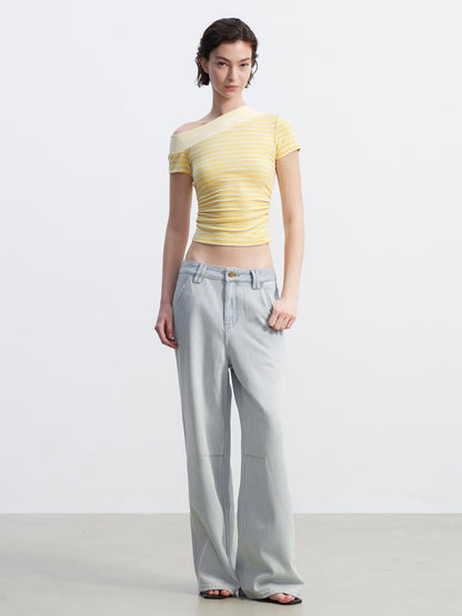 AFTADAWN Yellow Striped Ribbed Asymmetric Patchwork Women&