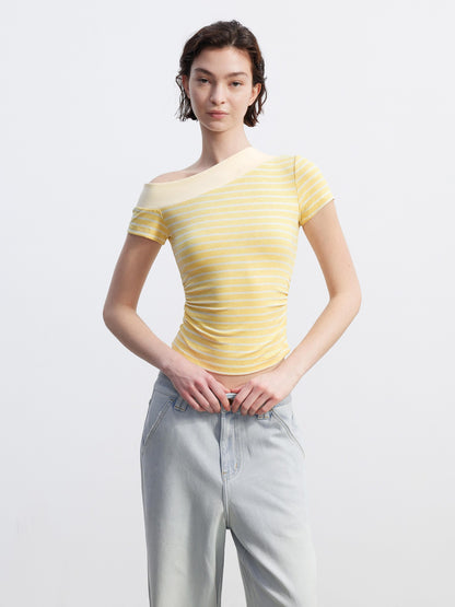 AFTADAWN Yellow Striped Ribbed Asymmetric Patchwork Women&