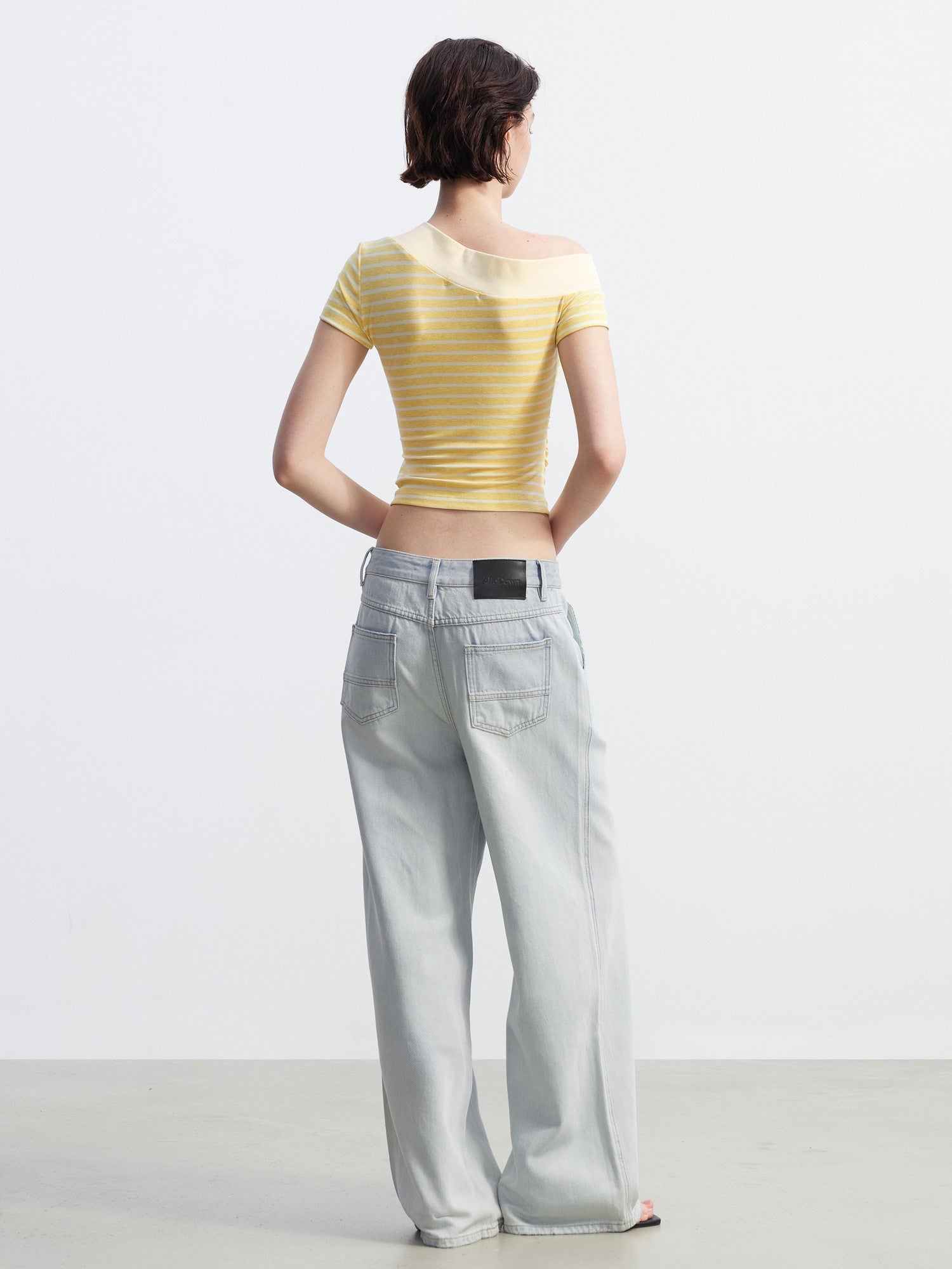 AFTADAWN Yellow Striped Ribbed Asymmetric Patchwork Women&