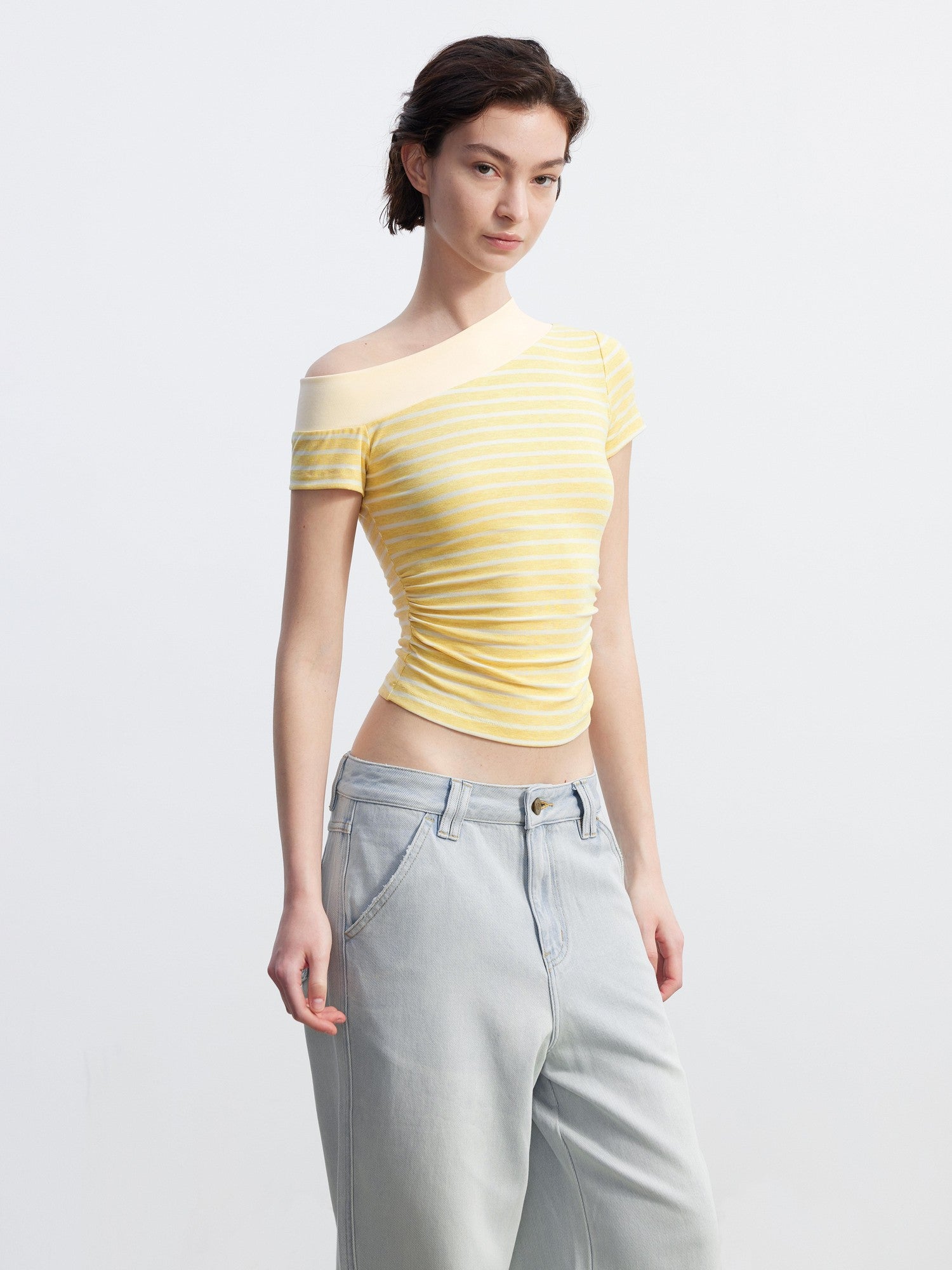 AFTADAWN Yellow Striped Ribbed Asymmetric Patchwork Women&