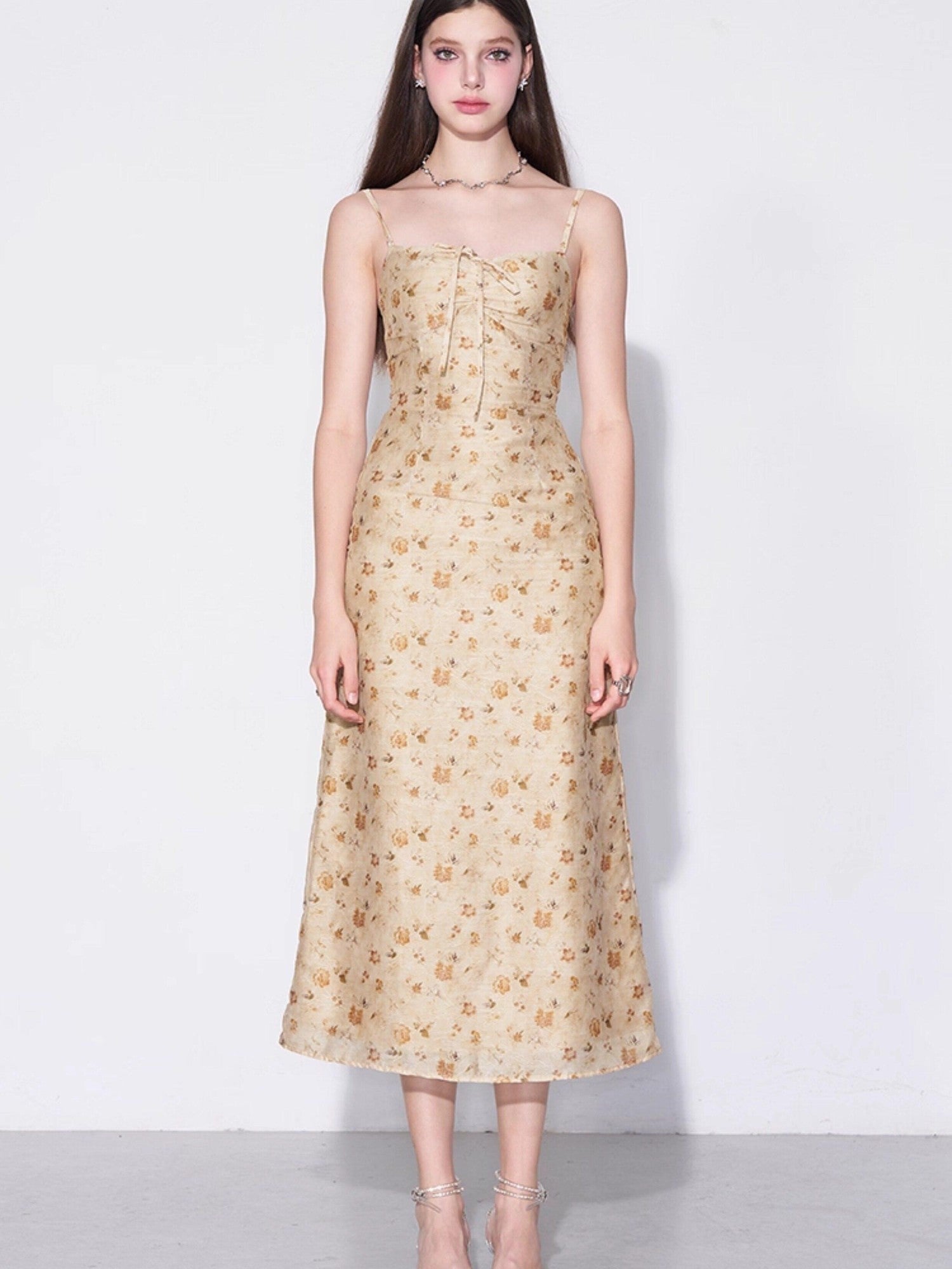 AFTADAWN Yellow Textured Jacquard Cinched Waist Aline Women&